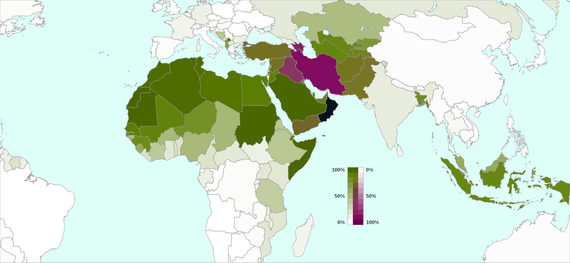 Sunnici, szyici (którzy są nieoszacowani z powodu nieuwzględnienia ich w oficjalnych statystykach np. w Turcji i Arabii Saudyjskiej) i charydżyci